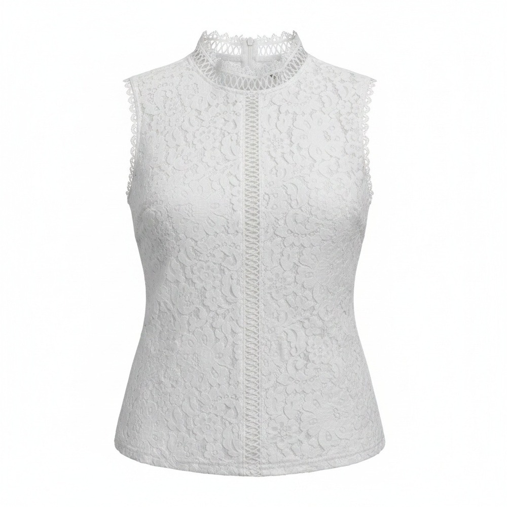 Apricot Womens 12 White Lace Sleeveless Mock Neck Blouse Zip Back Lined Top